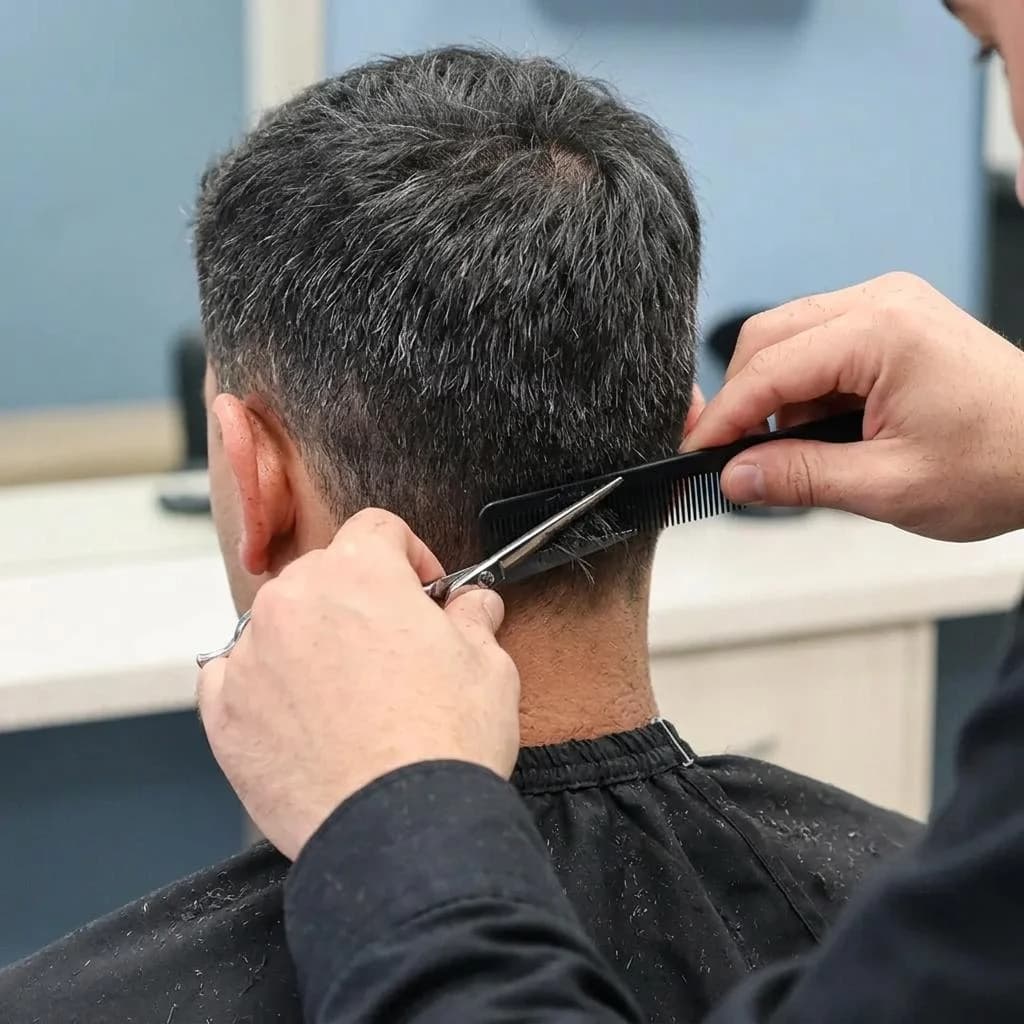 Illustration of a haircut being blended at the back of the head with scissors and a comb