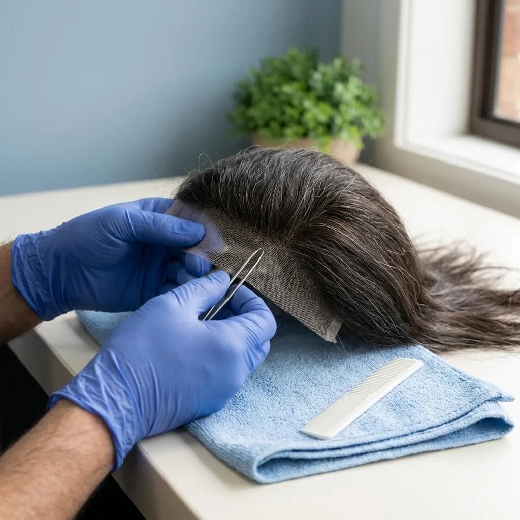 Illustration of fine lace and hair-system craftsmanship at a salon worktop