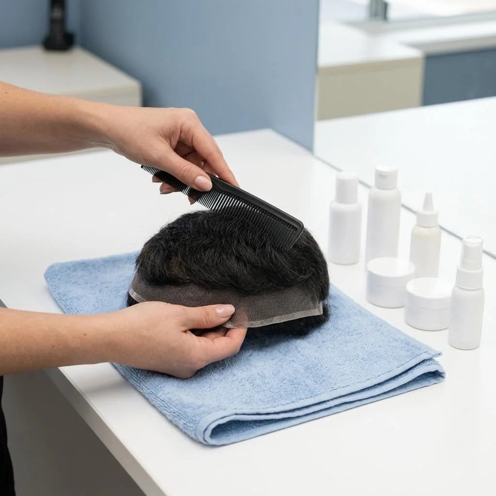 Illustration of hands caring for a hair system on a blue towel