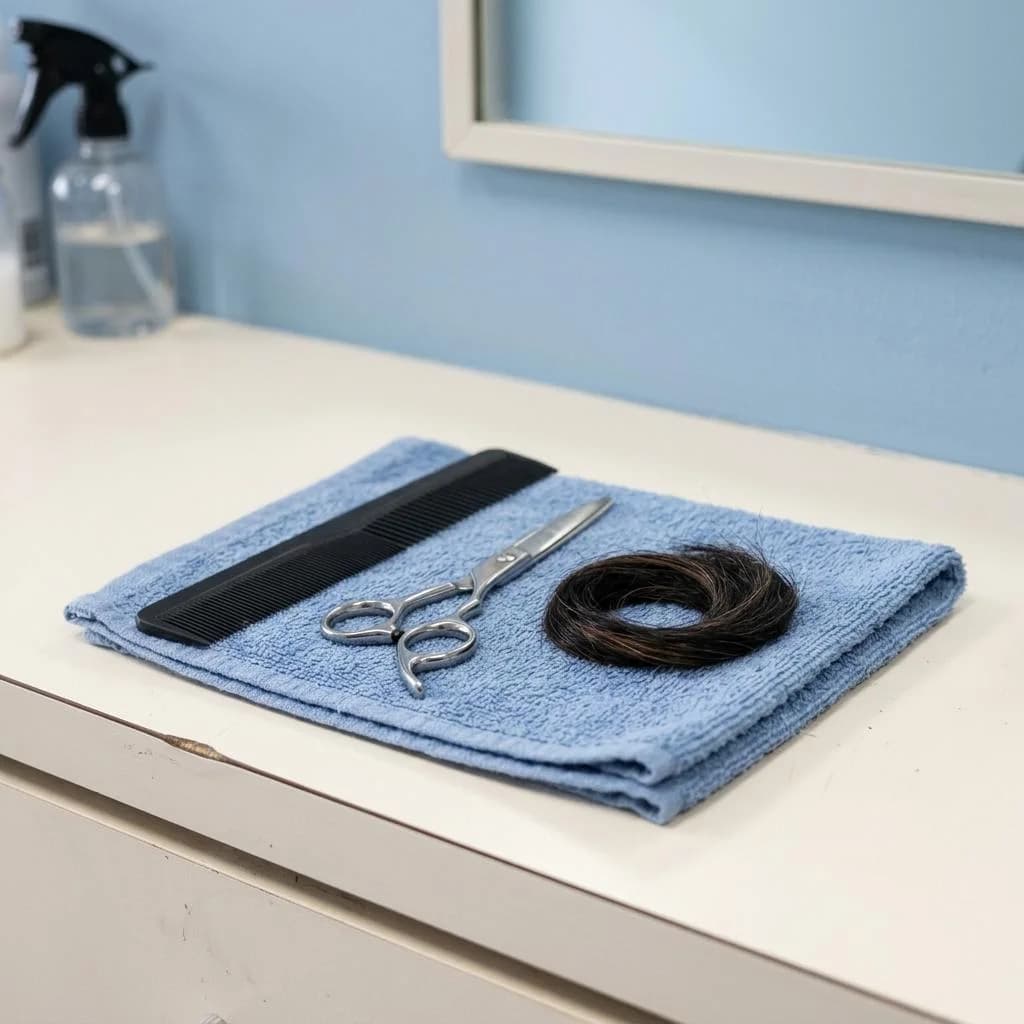Illustrative close-up of hair-system tools on a blue towel in a salon