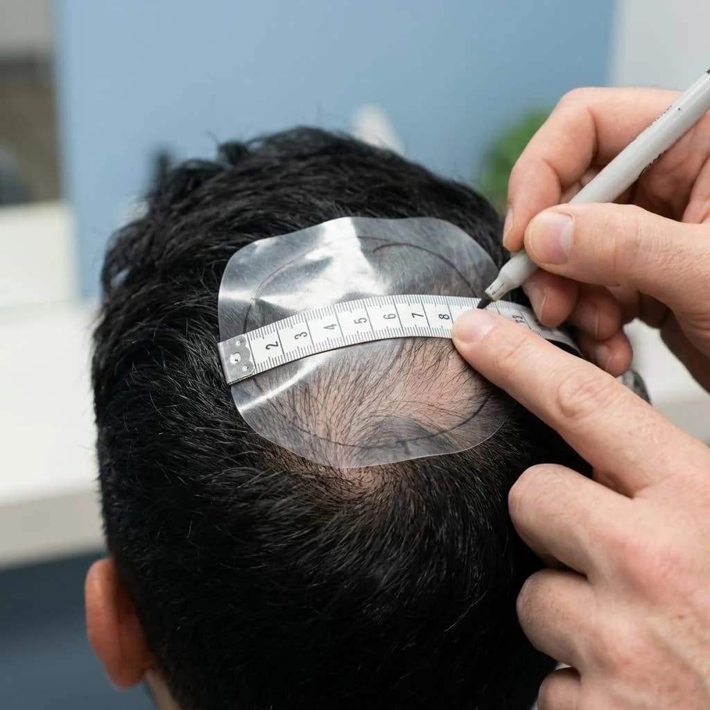 Illustration of hands measuring a clear scalp template in a blue-toned salon