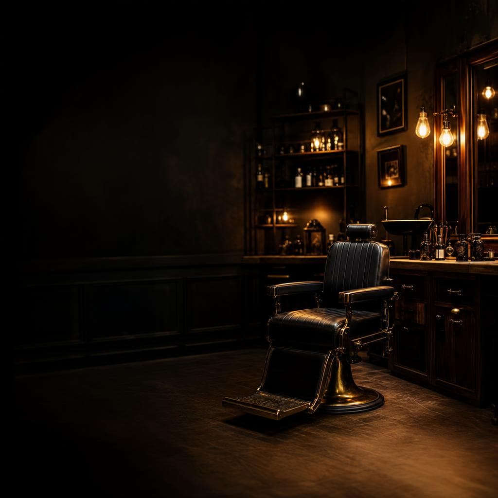 The Hair Crew private barbershop studio in Sydney, warm and inviting at night